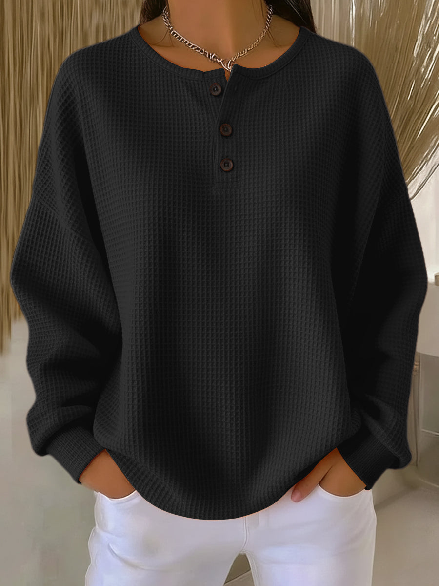Women's Long-Sleeve Button Placket Top in a Loose Henley Cut - Black