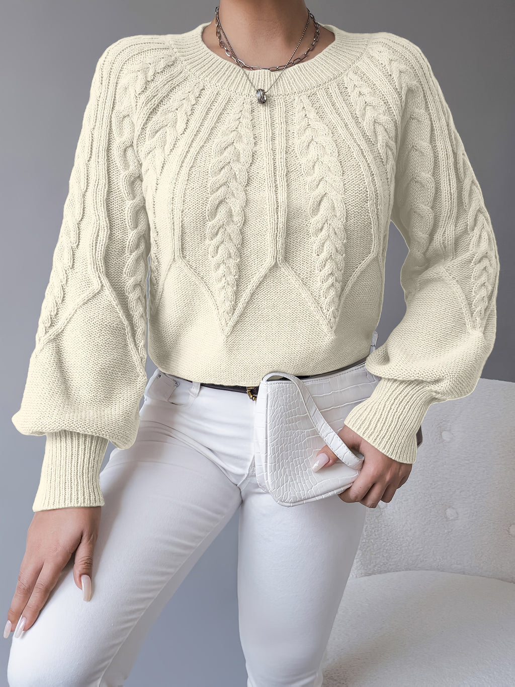 Women's Cable-Knit Jumper with Gathered Lantern Sleeves