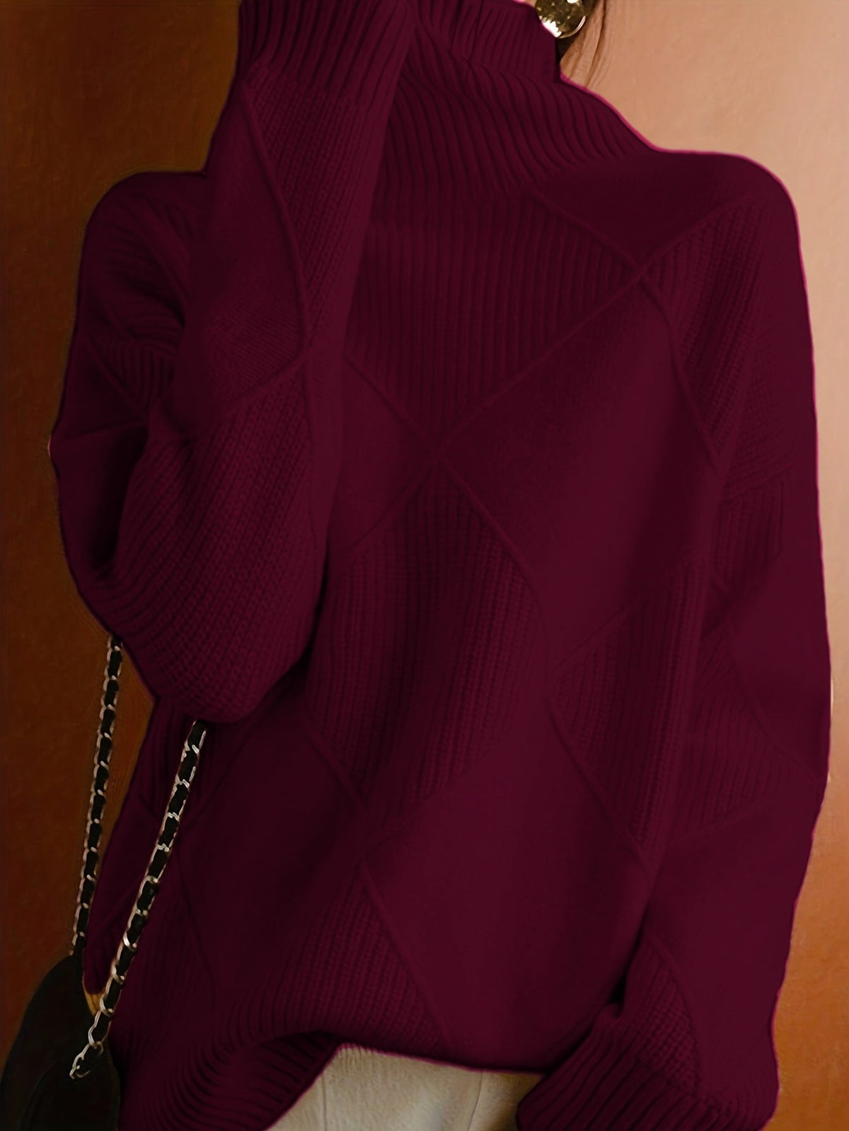 Women's Relaxed High Neck Jumper with Diamond Knit Pattern