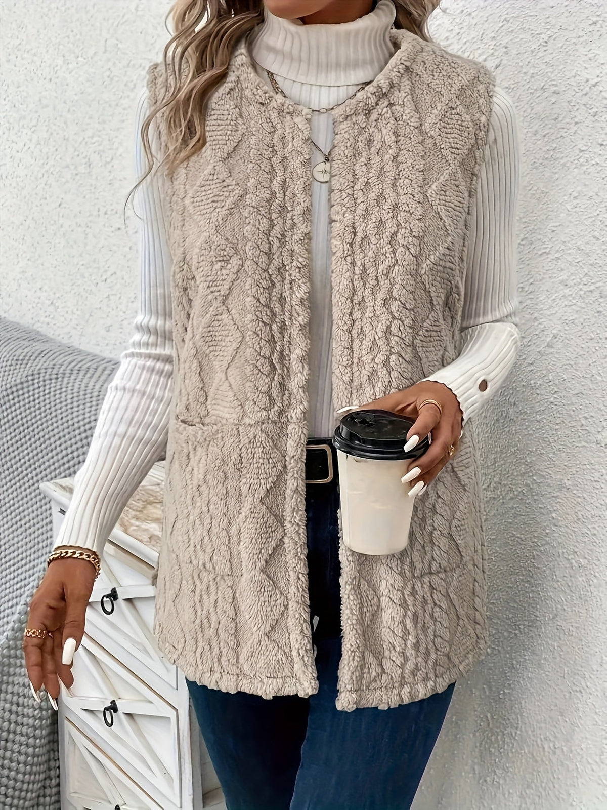 Women's Open-Front Draped Plush Layering Gilet