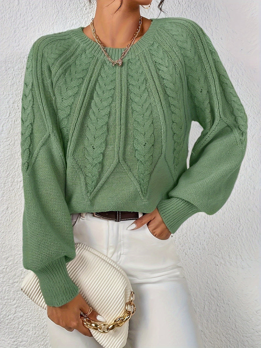 Women's Everyday Raglan Cable-Knit Jumper with Round Neckline