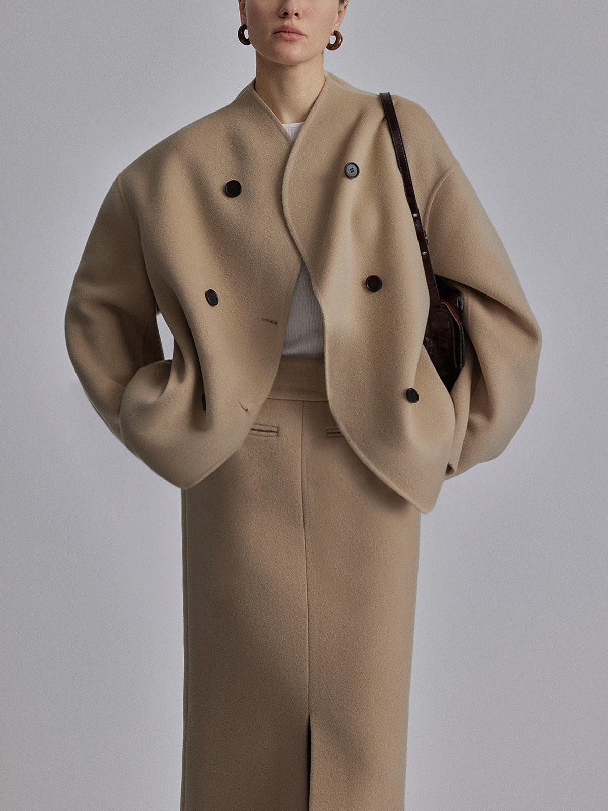 Women's Textured Double-Breasted Short Coat in an Oversized Shape - Khaki
