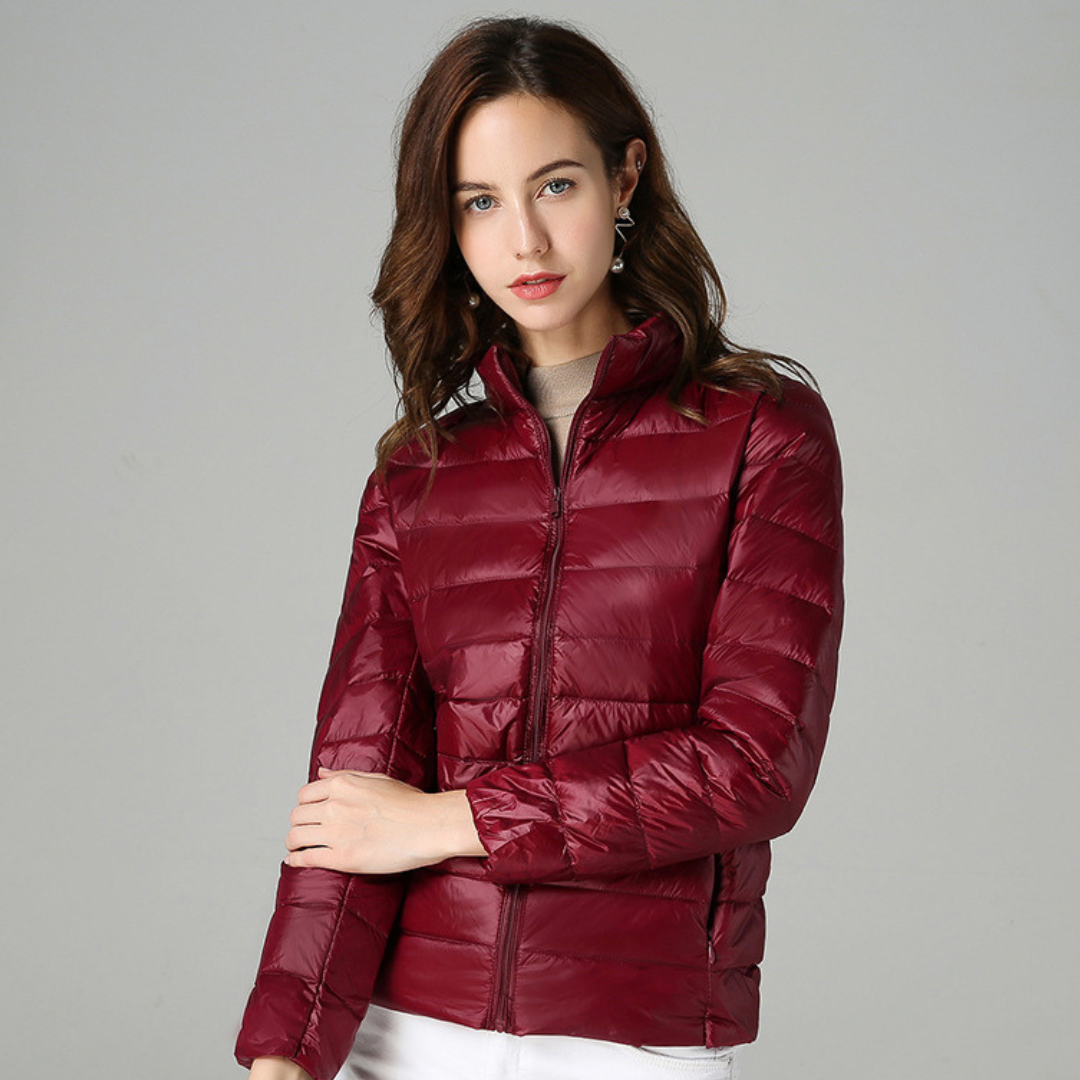 Women's Breathable Feather-Fill Raincoat that Packs into a Pouch - Dark Red
