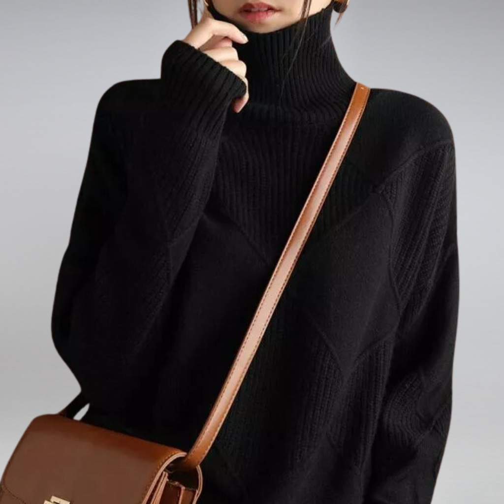 Women's Diamond Motif Roll Neck Jumper in Breathable Wool Blend