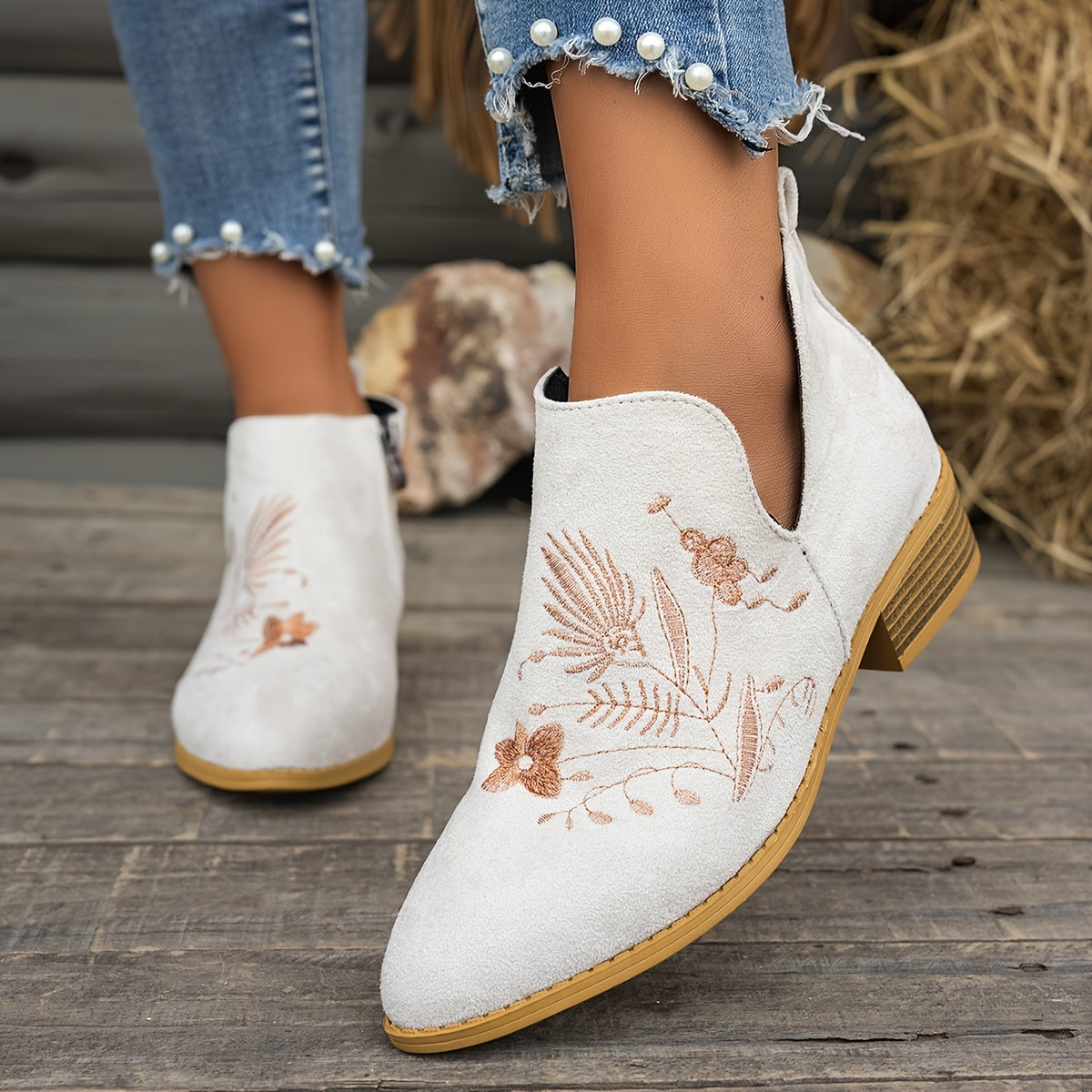 Women's Pointed V-Cut Ankle Boots with Stitched Embroidery - White