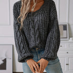 Women's Loose Chunky Knit Jumper with Braided Cables and V-Neck - Black