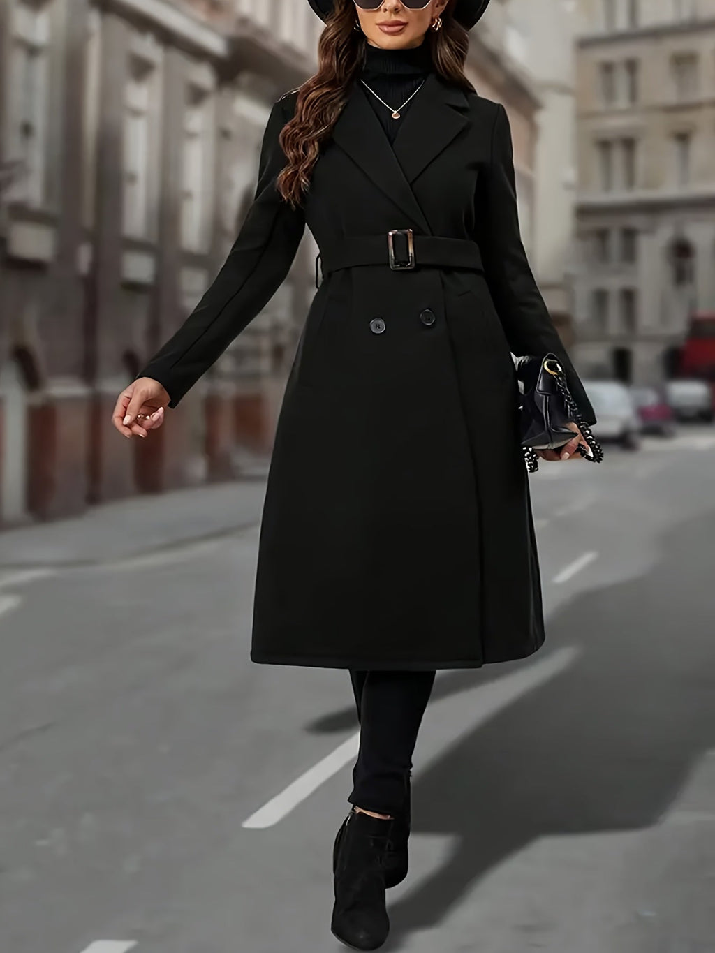 Women's Clean-Lined Double-Breasted Long Coat with Deep Pockets