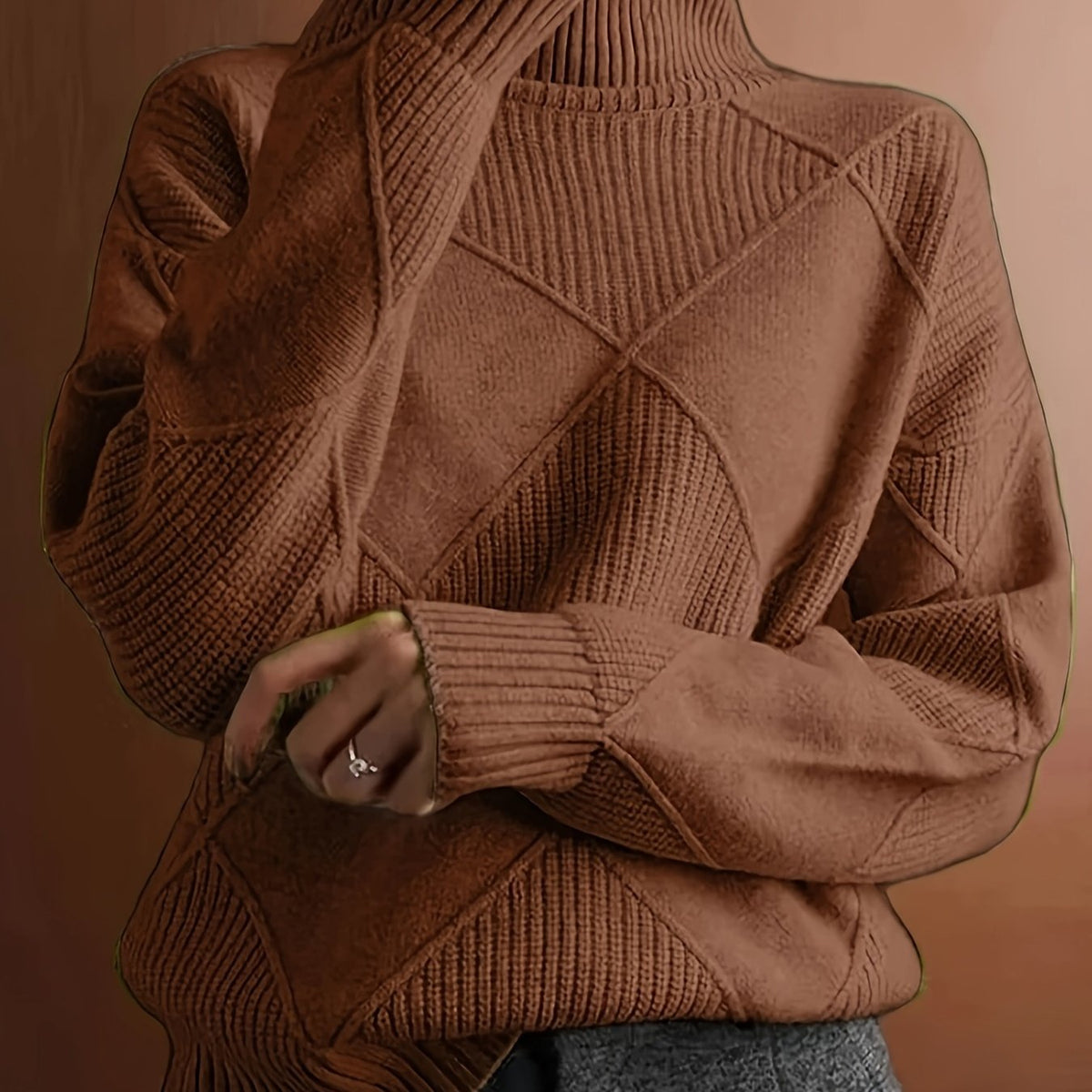 Women's Relaxed High Neck Jumper with Diamond Knit Pattern - Light Brown