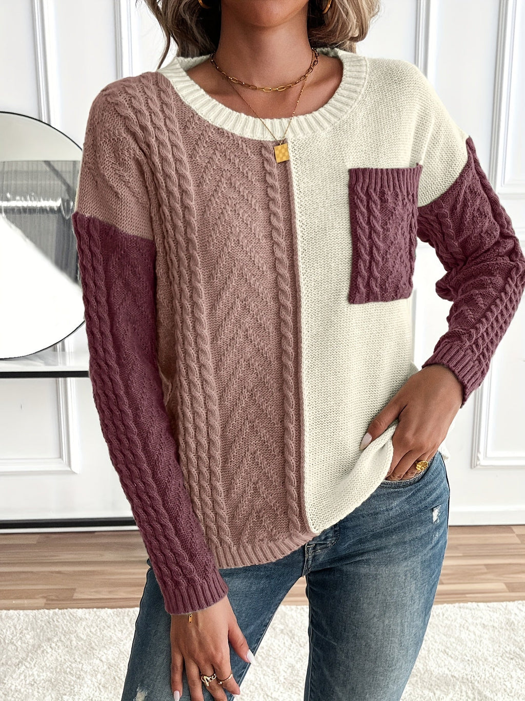 Women's Patch Pocket Cable-Knit Jumper with Two-Tone Panels