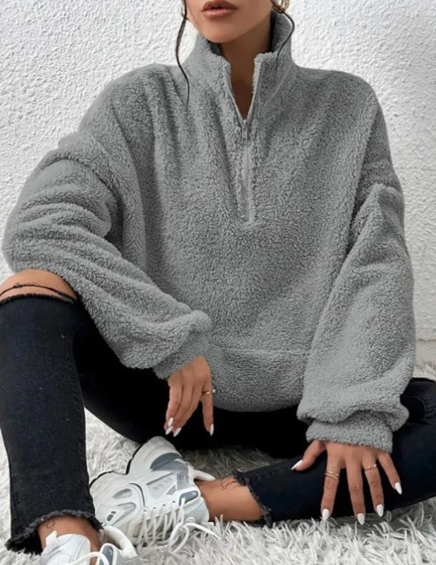 Women's High-Collar Half-Zip Plush Fleece Jumper - Grey