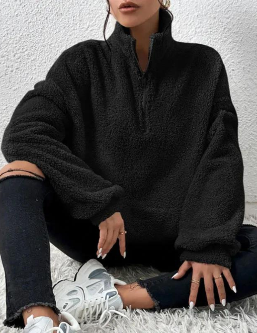 Women's High-Collar Half-Zip Plush Fleece Jumper - Black