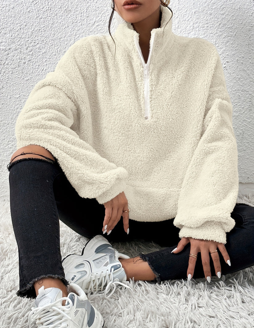 Women's High-Collar Half-Zip Plush Fleece Jumper - Cream