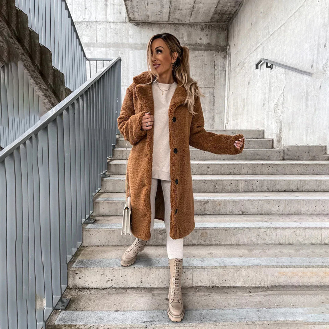 Women's Fluffy Teddy Notch-Lapel Coat with Statement Buttons - Brown