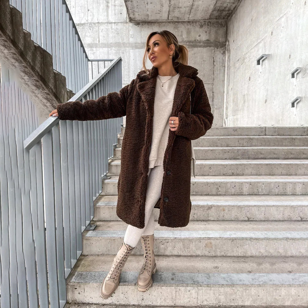 Women's Fluffy Teddy Notch-Lapel Coat with Statement Buttons - Dark Brown