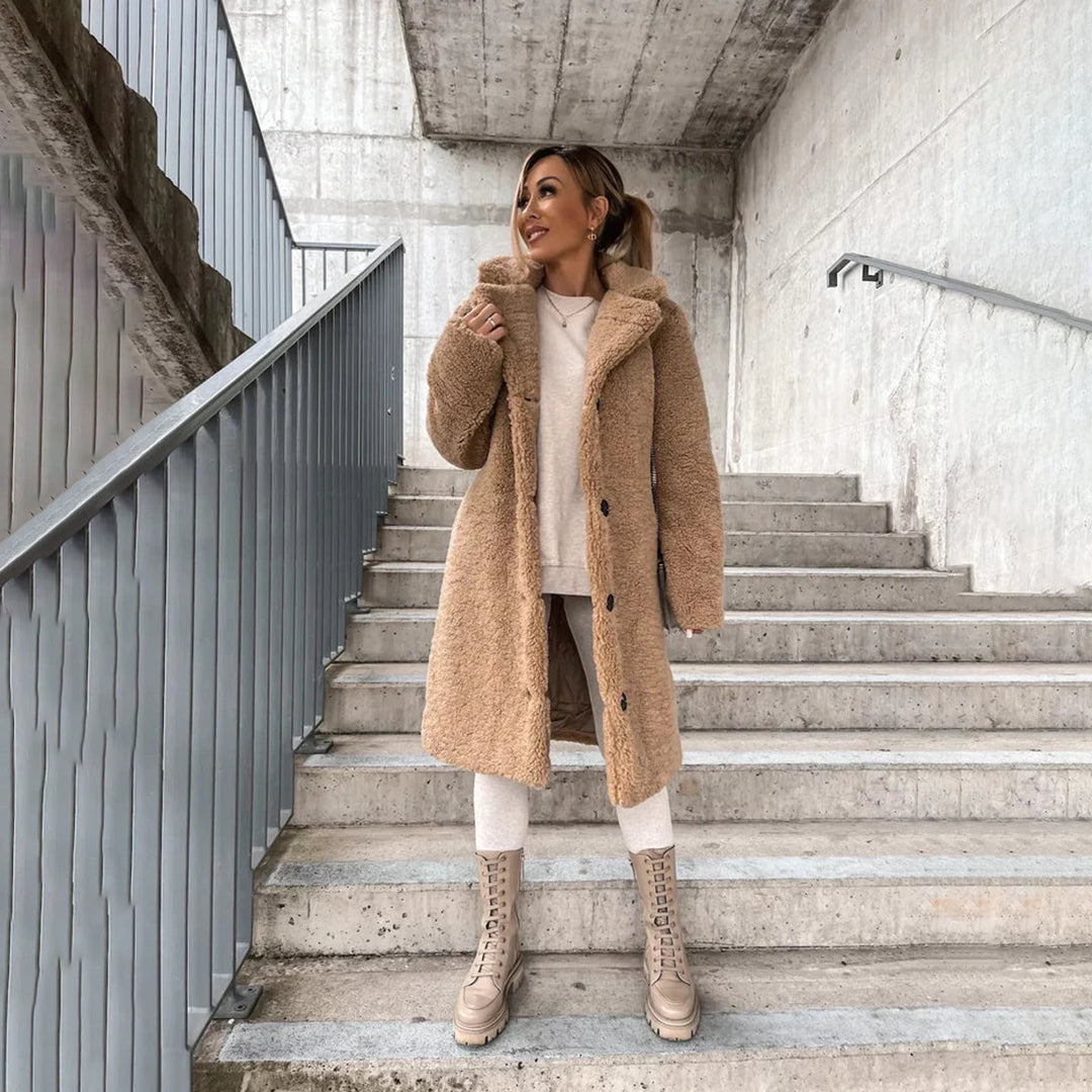 Women's Fluffy Teddy Notch-Lapel Coat with Statement Buttons - Khaki