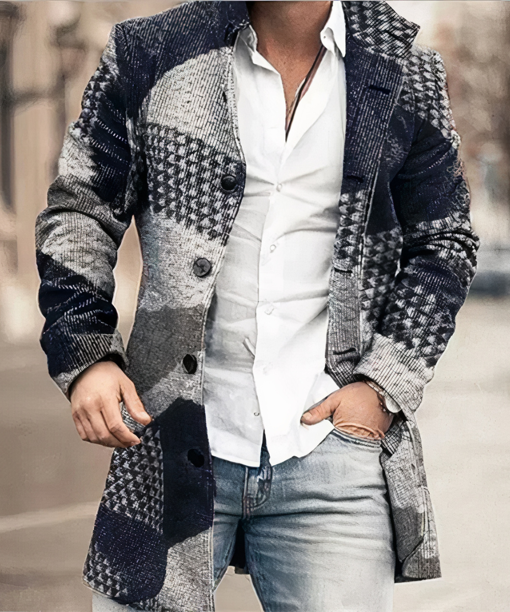 Men's Fitted Textured Coat with Tall Collar and Button Front - Navy Blue/Grey