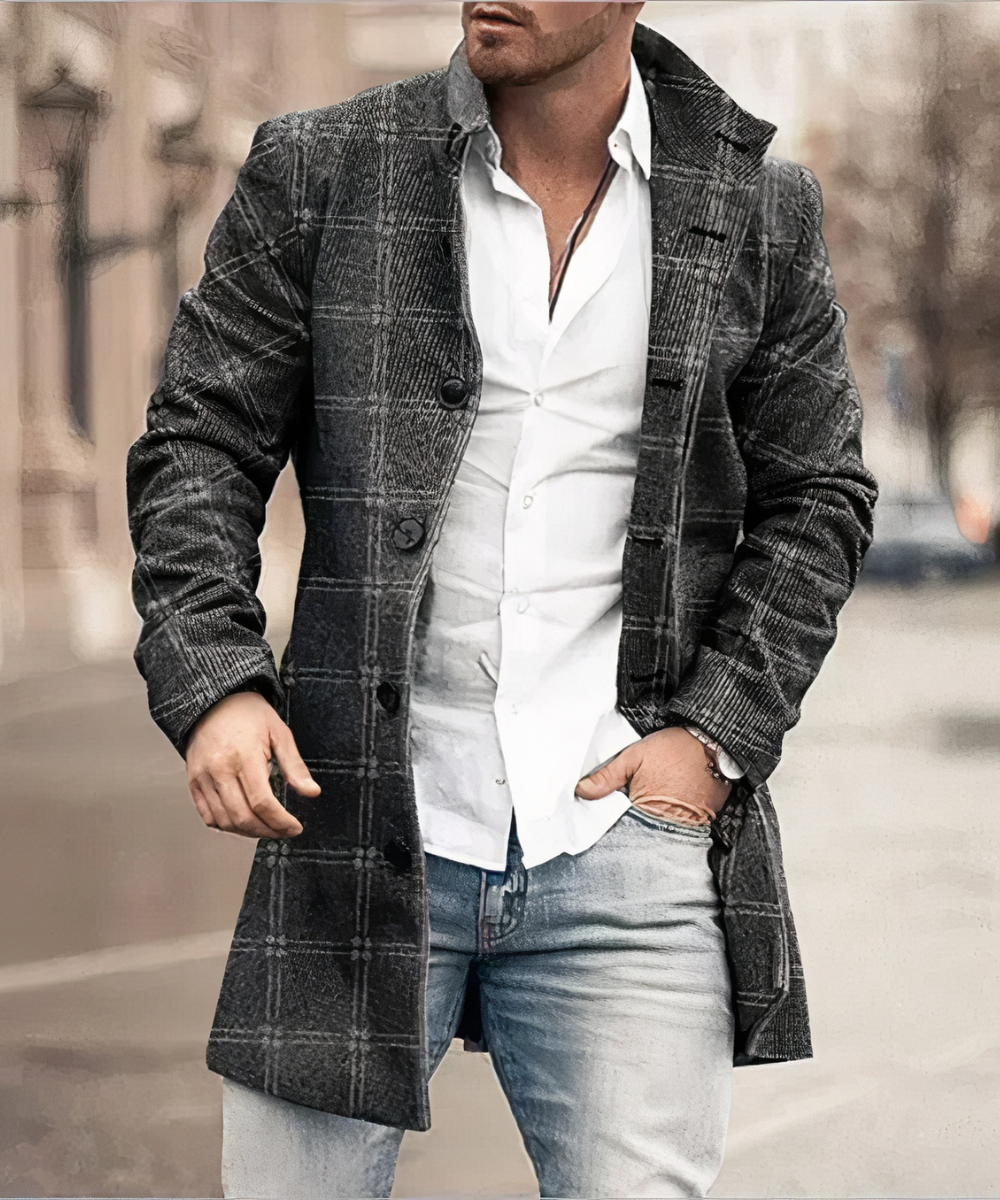 Men's Fitted Textured Coat with Tall Collar and Button Front - Dark Grey