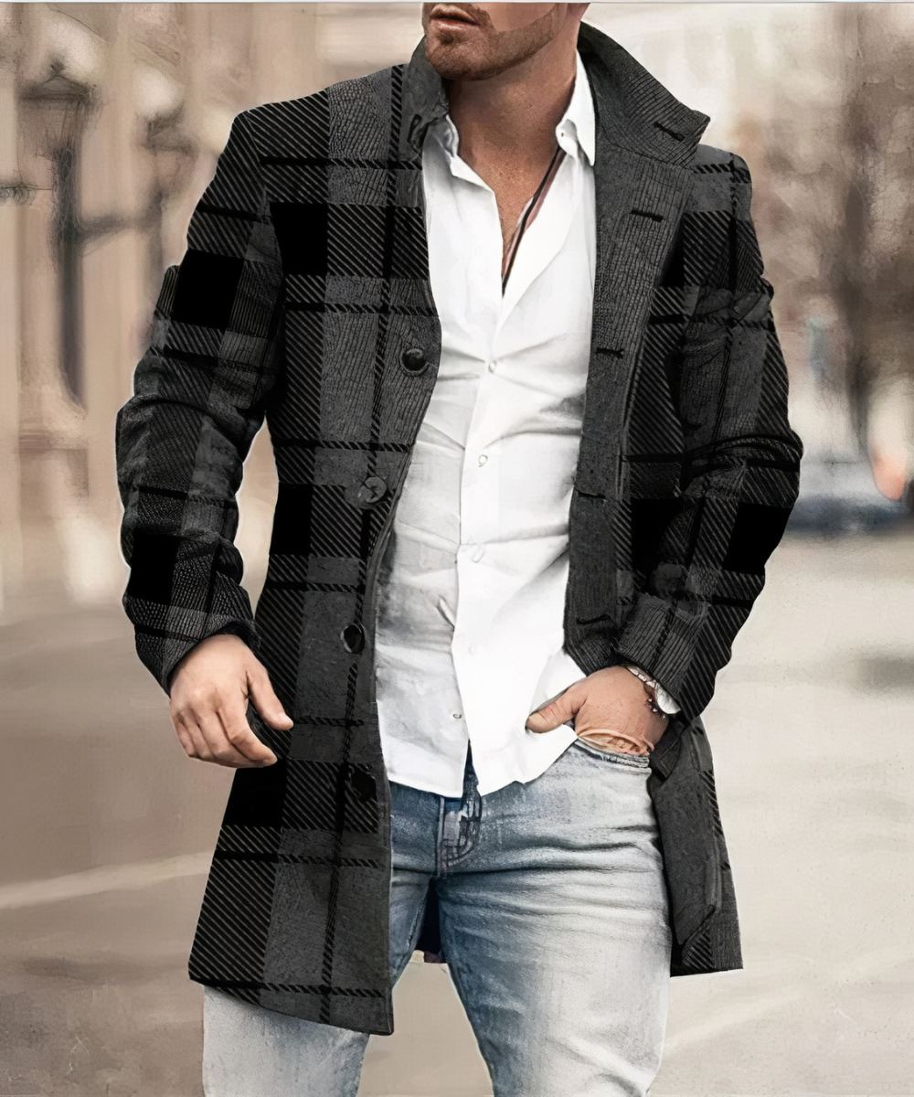 Men's Fitted Textured Coat with Tall Collar and Button Front - Black