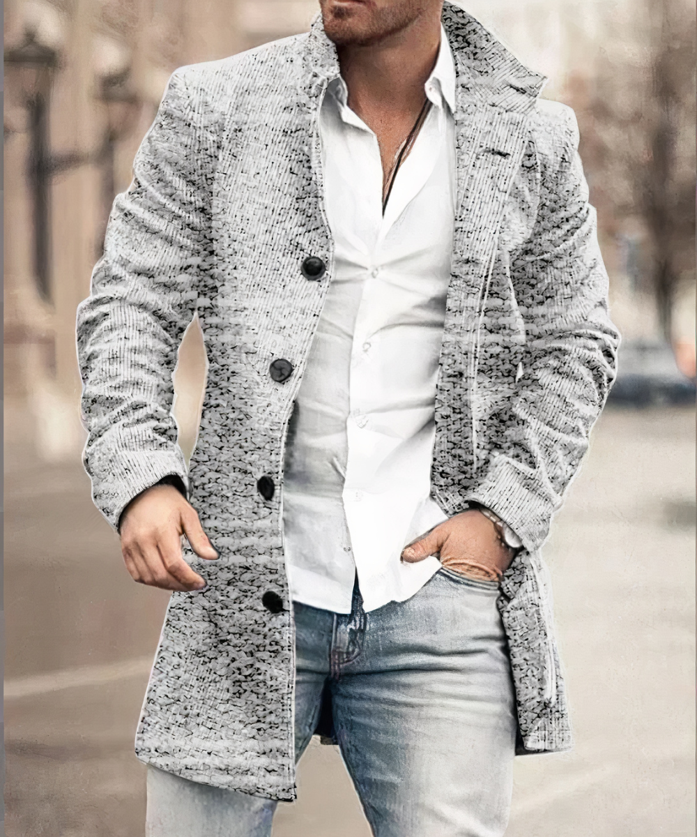 Men's Fitted Textured Coat with Tall Collar and Button Front - Light Grey