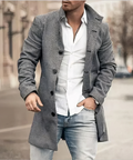 Men's Fitted Textured Coat with Tall Collar and Button Front - Grey