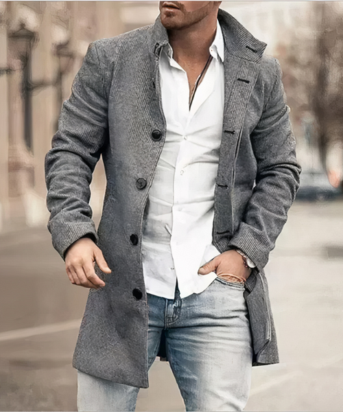 Men's Fitted Textured Coat with Tall Collar and Button Front - Grey