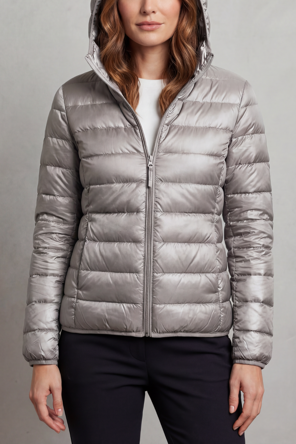 Women's Foldaway Ultralight Hooded Puffer for City Breaks - Grey
