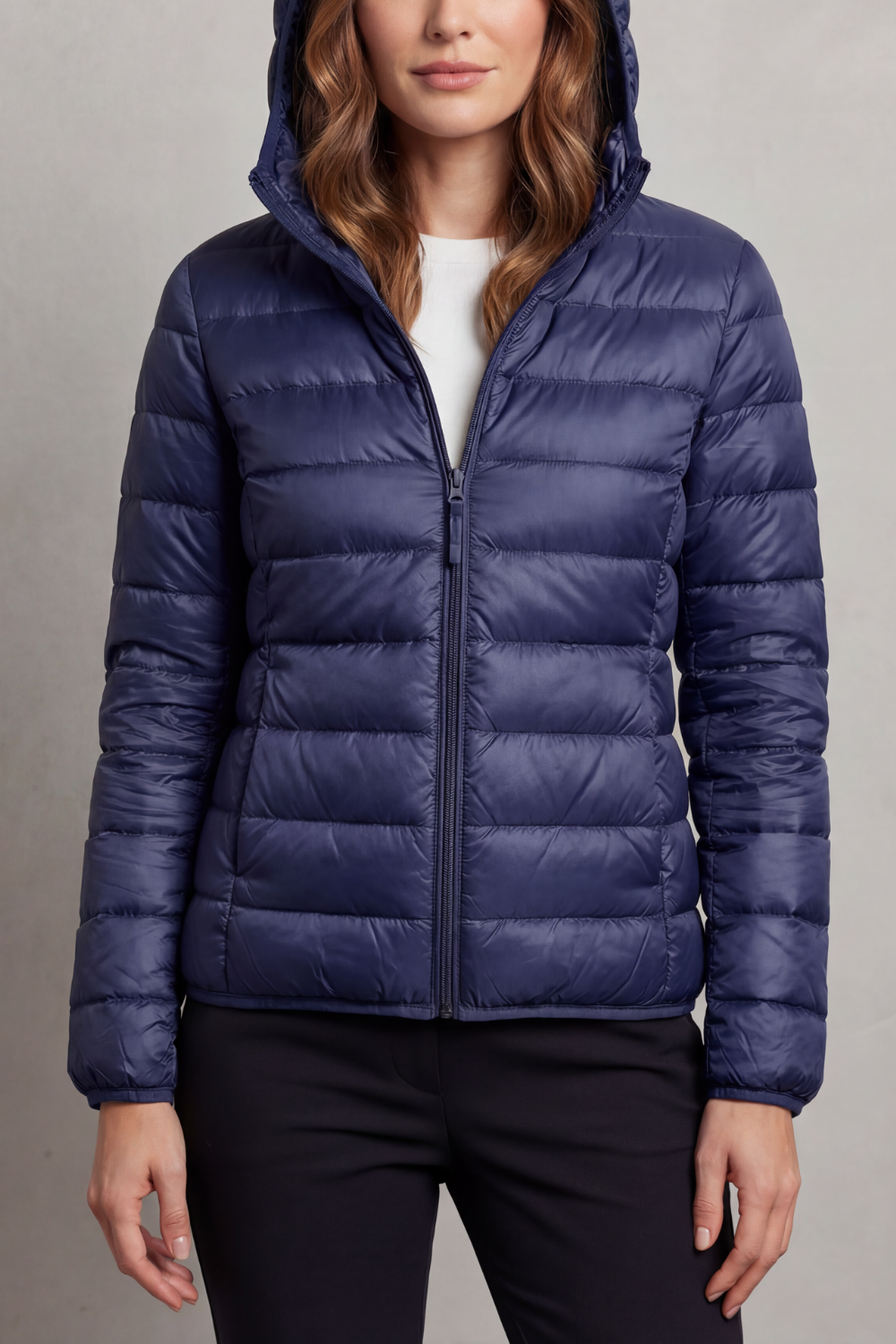 Women's Foldaway Ultralight Hooded Puffer for City Breaks - Dark Blue