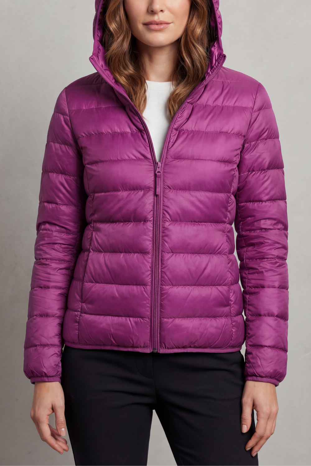 Women's Foldaway Ultralight Hooded Puffer for City Breaks - Purple