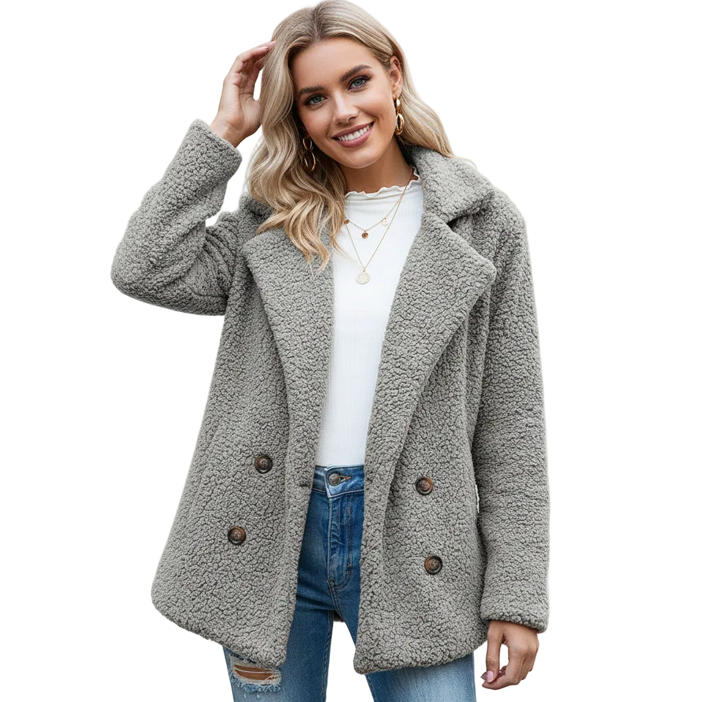 Women's Soft Teddy-Texture Lapel Coat Worn Two Ways - Light Grey