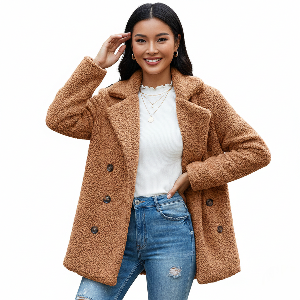 Women's Soft Teddy-Texture Lapel Coat Worn Two Ways - Brown