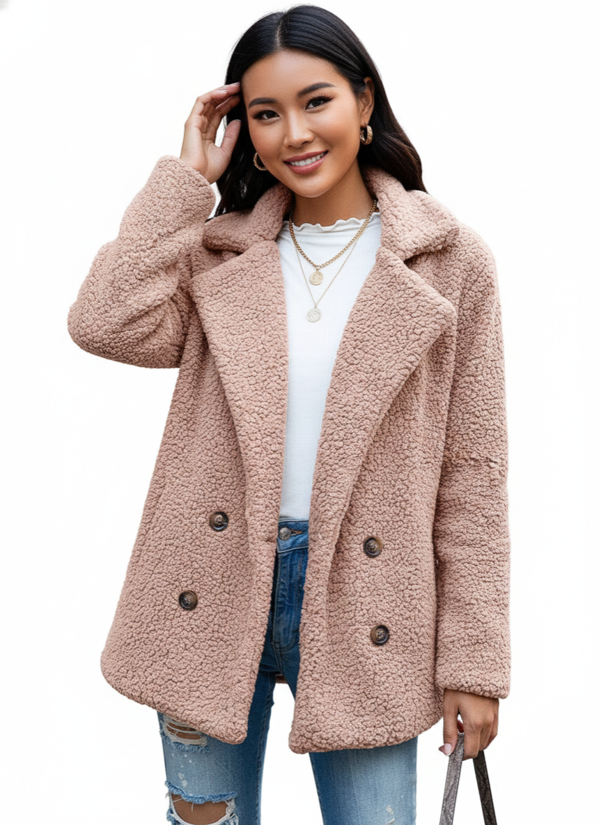 Women's Soft Teddy-Texture Lapel Coat Worn Two Ways - Pink