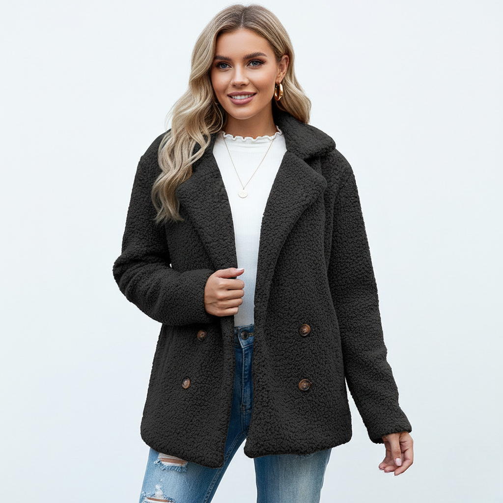 Women's Soft Teddy-Texture Lapel Coat Worn Two Ways - Black