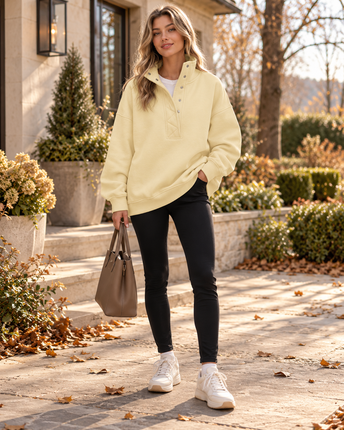 Women's Cotton-Blend Henley Jumper with Brushed Fleece Lining - Yellow