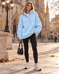 Women's Cotton-Blend Henley Jumper with Brushed Fleece Lining - Light Blue