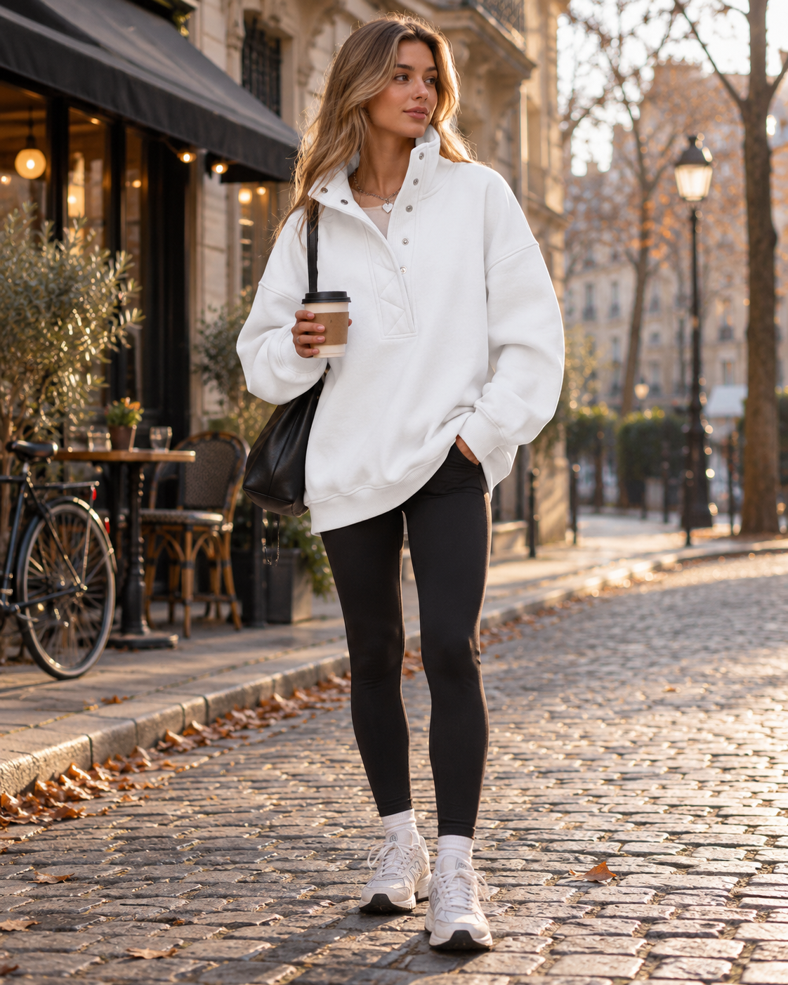 Women's Cotton-Blend Henley Jumper with Brushed Fleece Lining - White