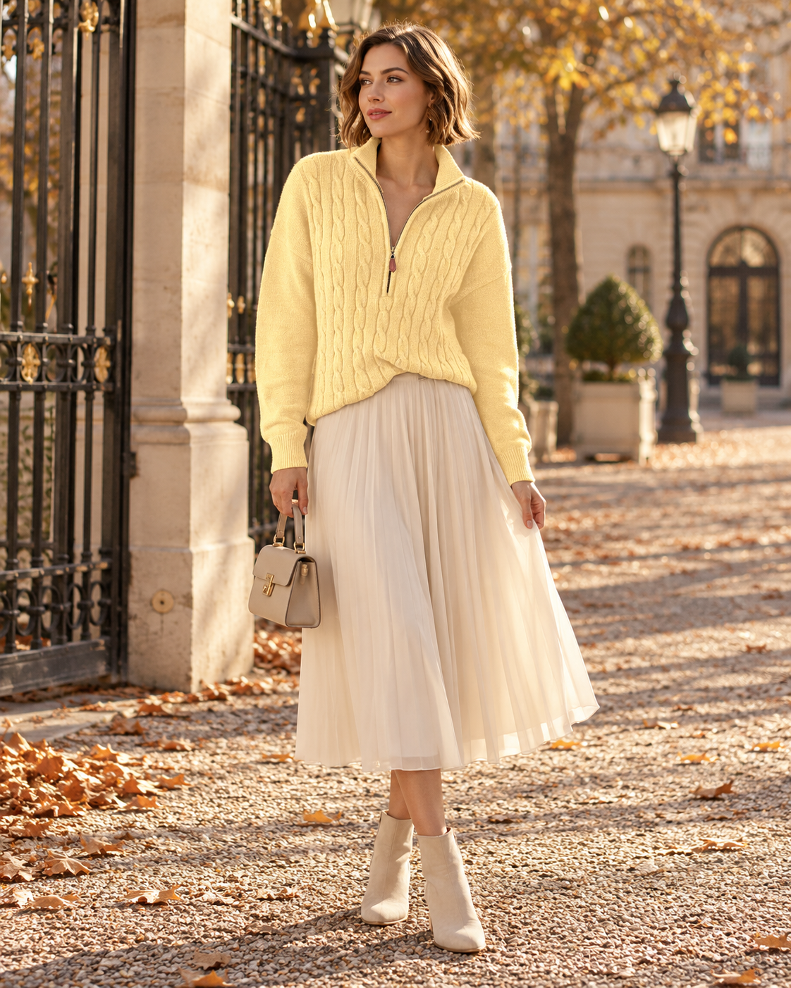 Women's Bold Cable Quarter-Zip Jumper with High Collar - Yellow