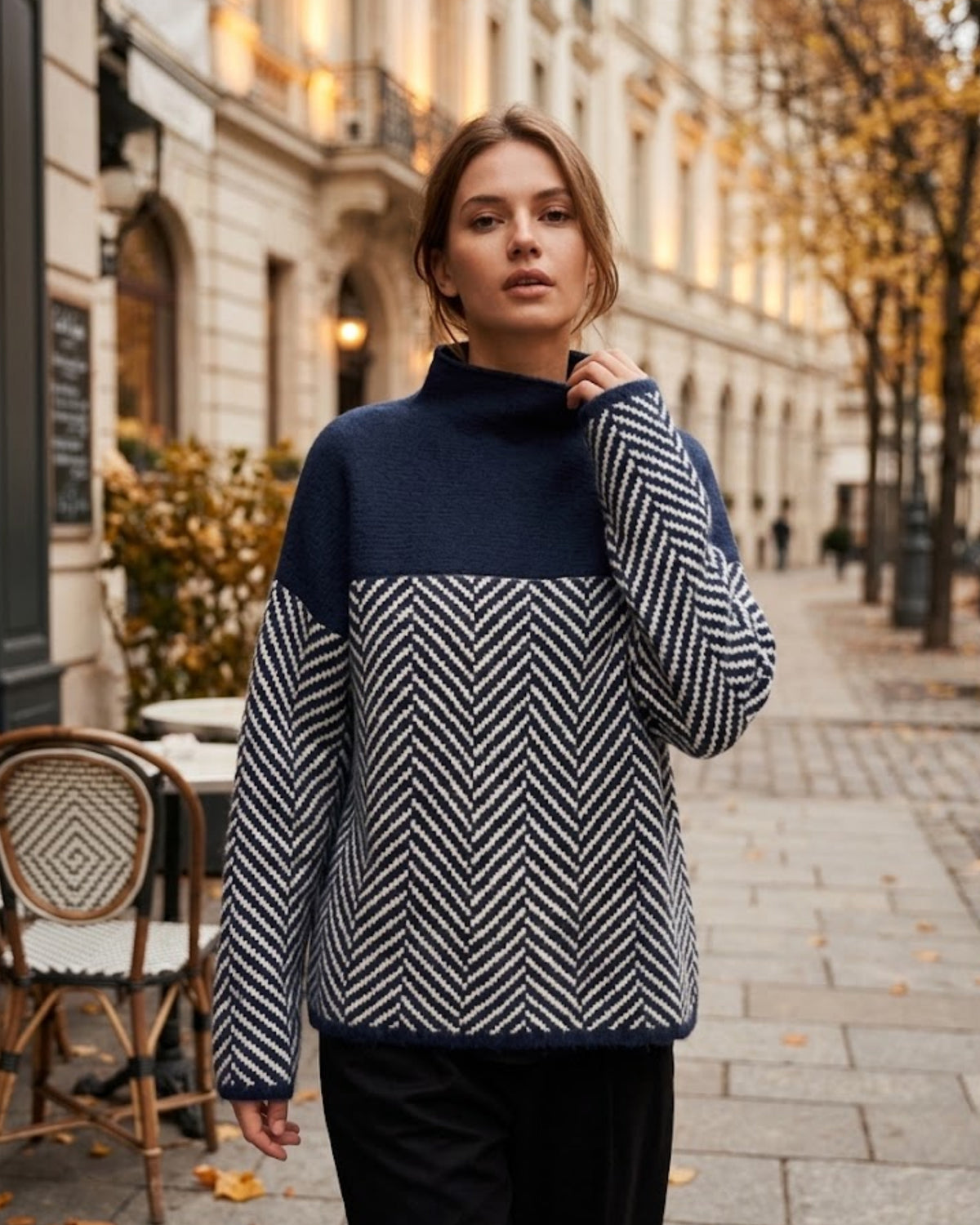 Women's Chevron Soft Knit Blend Jumper with Tall Roll Neck - Blue