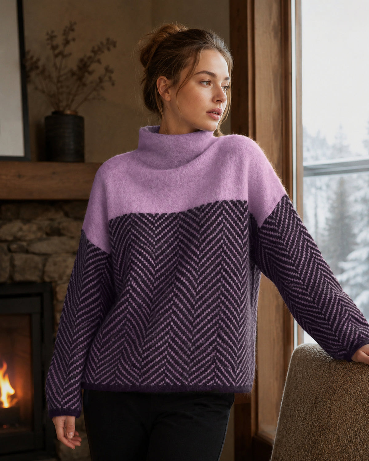 Women's Chevron Soft Knit Blend Jumper with Tall Roll Neck - Purple