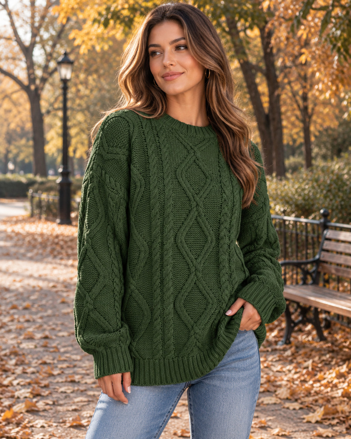 Women's Round-Neck Cotton-Rich Cable-Knit Jumper - Green
