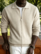 Men's Polo Collar Zip-Up Knit Jacket in a Chevron Pattern