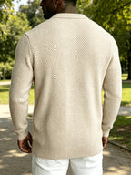 Men's Polo Collar Zip-Up Knit Jacket in a Chevron Pattern