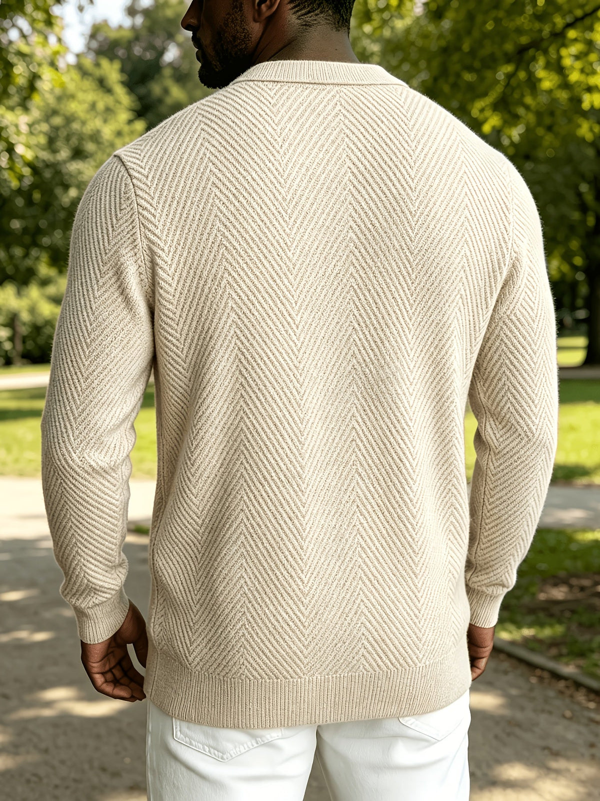 Men's Polo Collar Zip-Up Knit Jacket in a Chevron Pattern