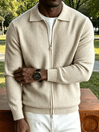 Men's Polo Collar Zip-Up Knit Jacket in a Chevron Pattern