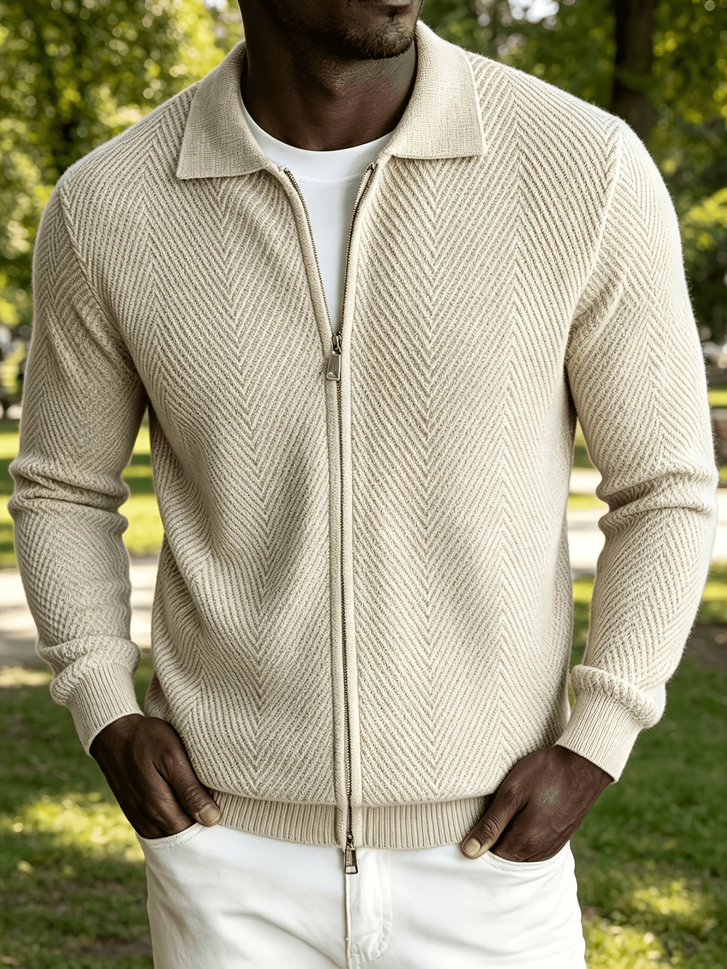 Men's Polo Collar Zip-Up Knit Jacket in a Chevron Pattern