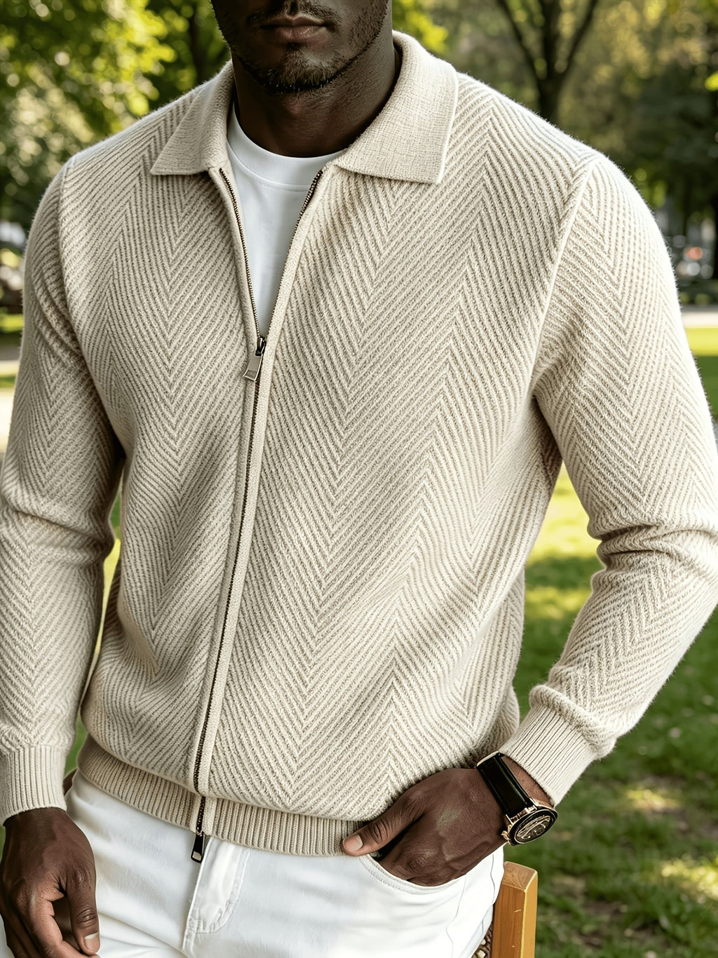 Men's Polo Collar Zip-Up Knit Jacket in a Chevron Pattern