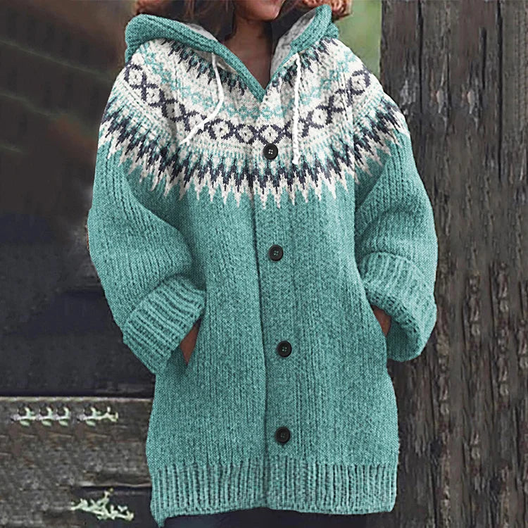 Women's Hooded Fair Isle Cardigan with Front Pockets and Ribbed Hem - Sage Green