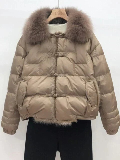 Women's Statement-Collar Quilted Jacket with Toggle Fastenings - Beige