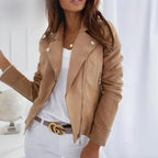 Women's Asymmetric-Zip Faux Suede Jacket with Wide Lapel Collar - Khaki