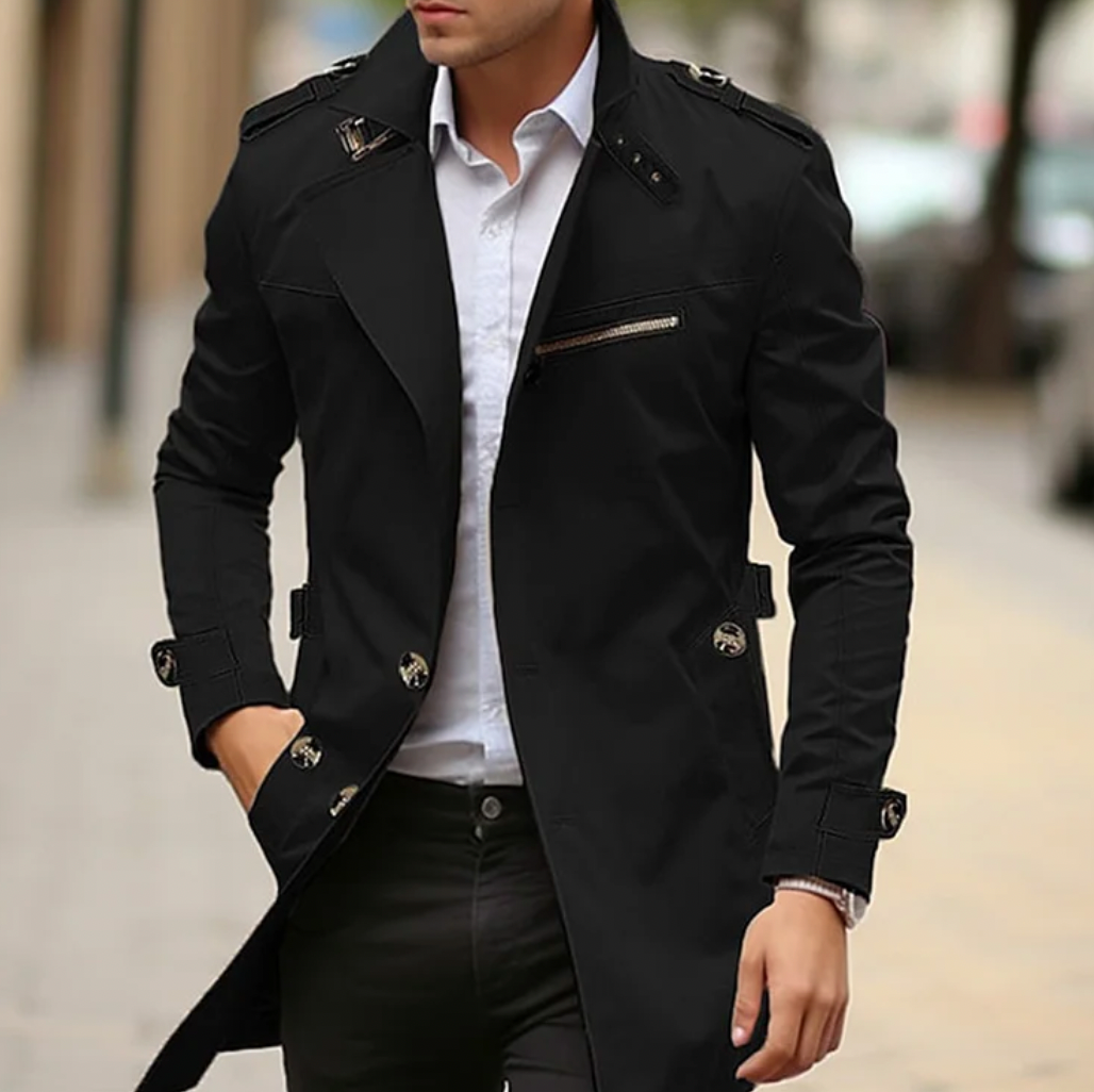 Men's Notch-Lapel Mid-Length Coat with Zipped Chest Pocket - Black