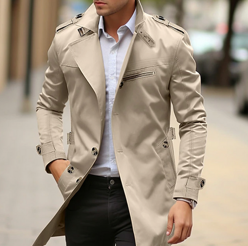 Men's Notch-Lapel Mid-Length Coat with Zipped Chest Pocket - Beige